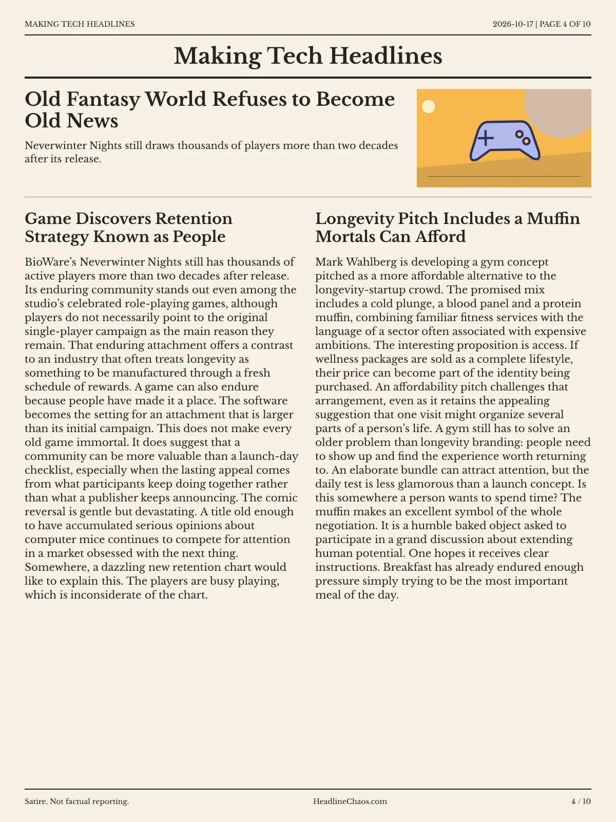 Making Tech Headlines newspaper, page 4: Old Fantasy World Refuses to Become Old News