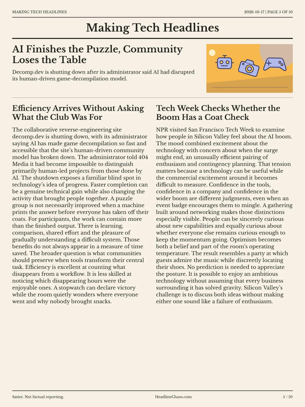 Making Tech Headlines newspaper, page 5: AI Finishes the Puzzle, Community Loses the Table
