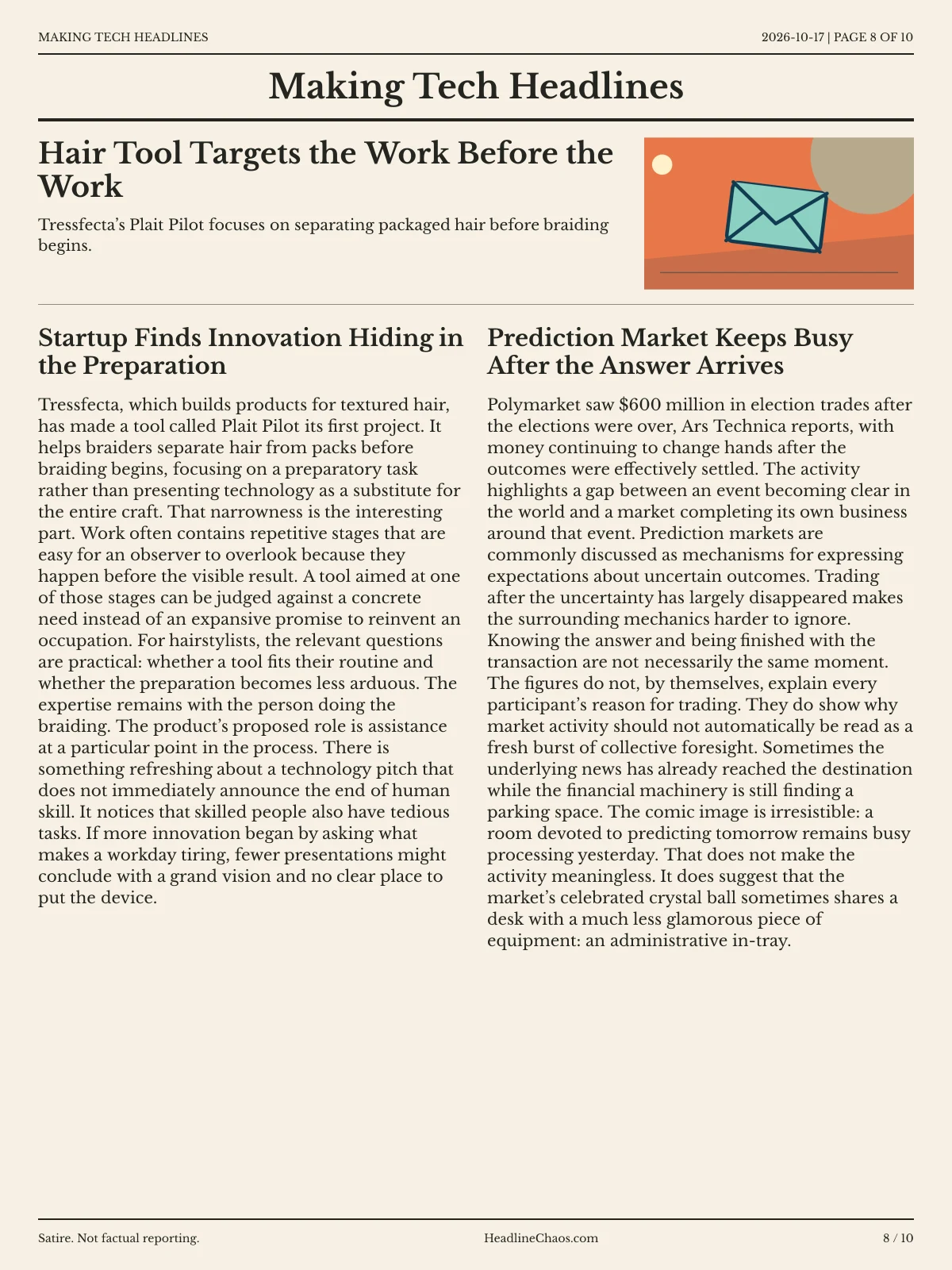 Making Tech Headlines newspaper, page 8: Hair Tool Targets the Work Before the Work