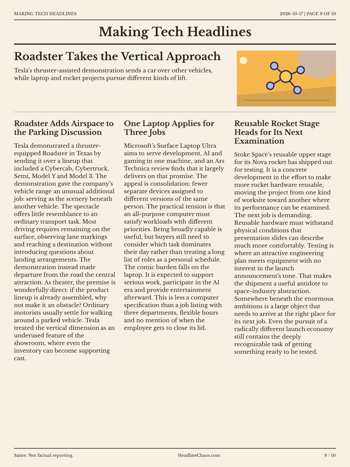Making Tech Headlines newspaper, page 9: Roadster Takes the Vertical Approach