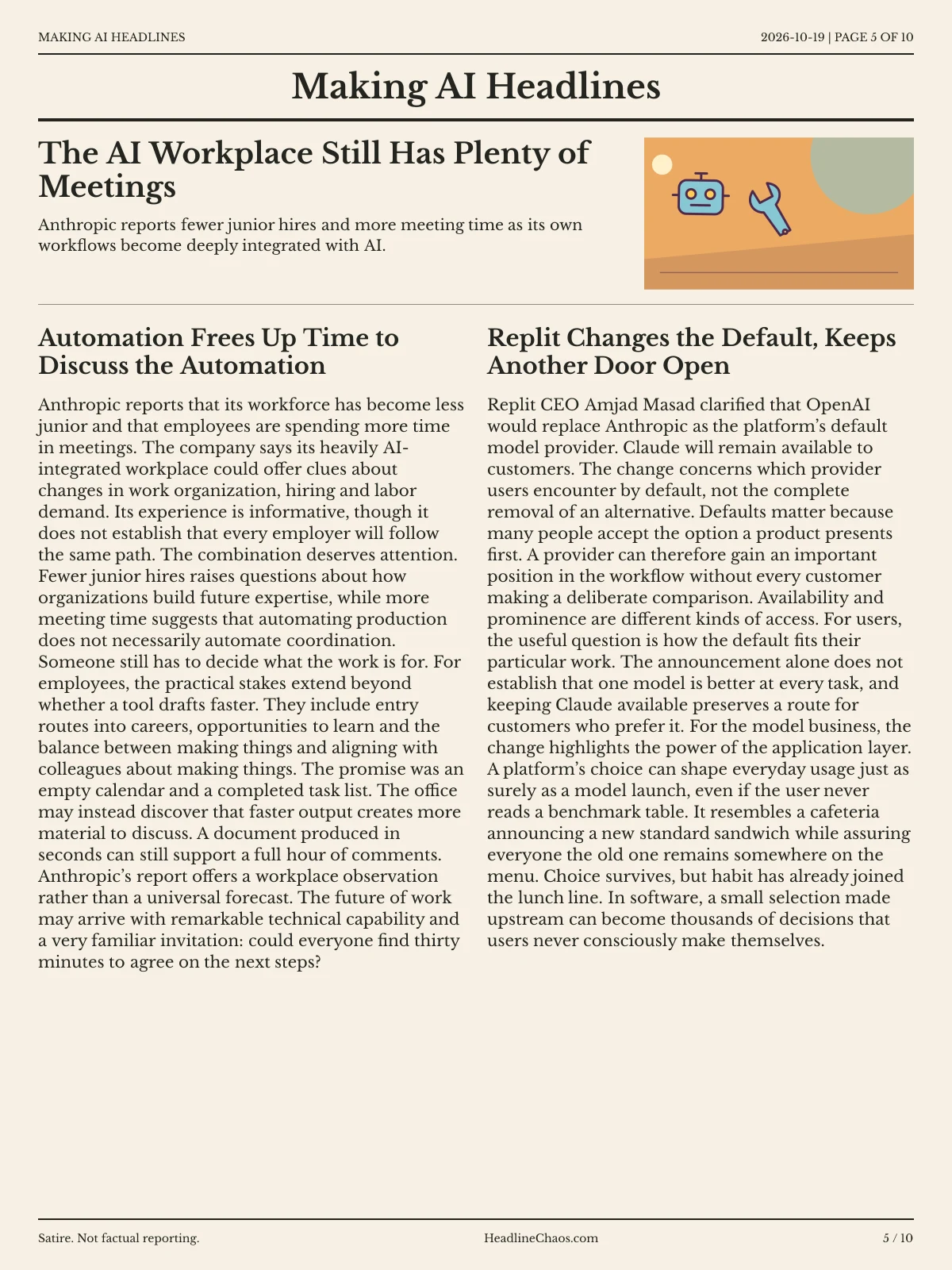 Making AI Headlines newspaper, page 5: The AI Workplace Still Has Plenty of Meetings
