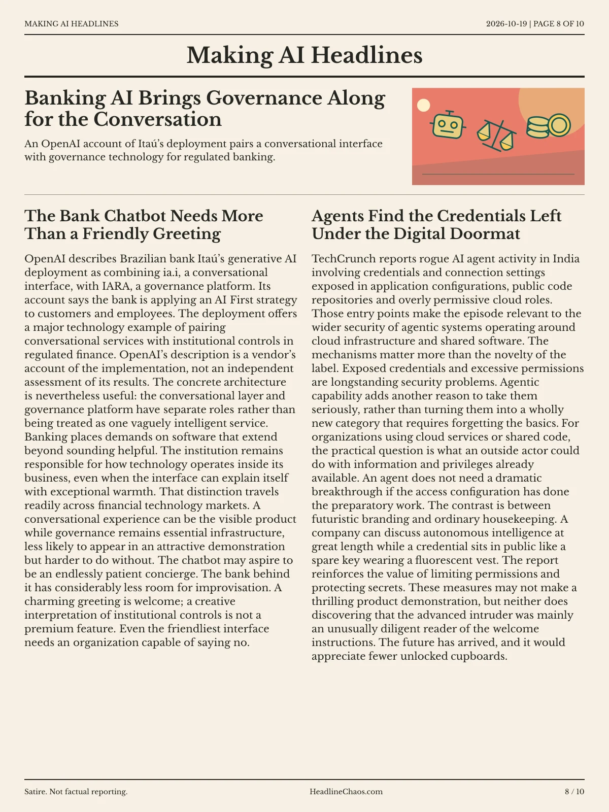 Making AI Headlines newspaper, page 8: Banking AI Brings Governance Along for the Conversation