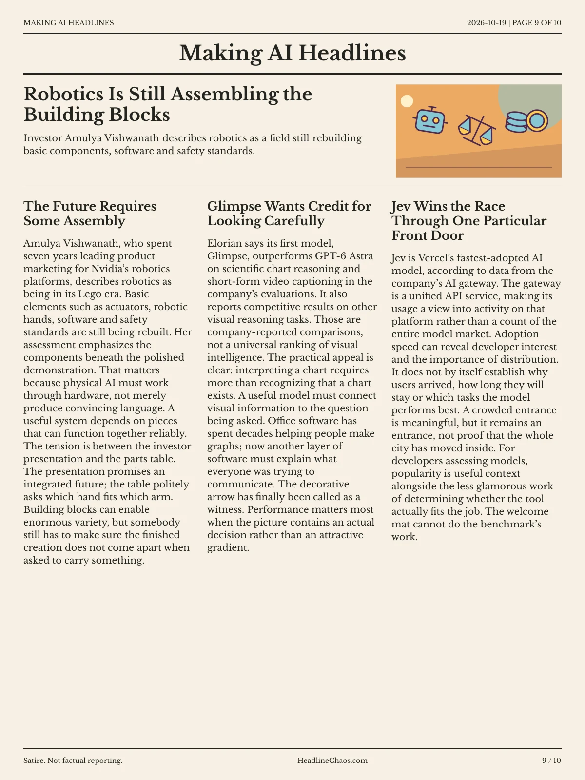 Making AI Headlines newspaper, page 9: Robotics Is Still Assembling the Building Blocks