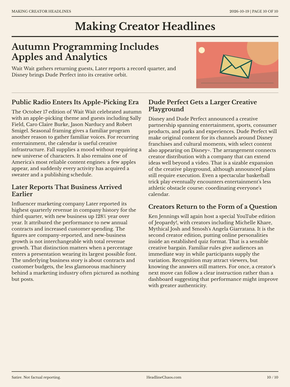 Making Creator Headlines newspaper, page 10: Autumn Programming Includes Apples and Analytics