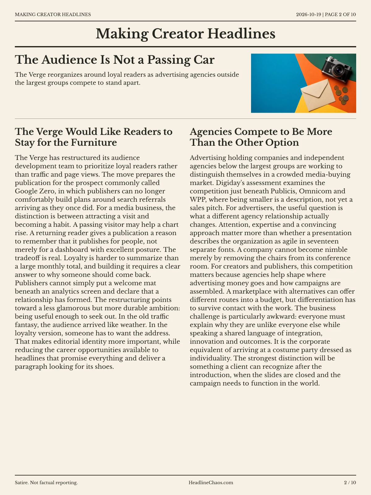 Making Creator Headlines newspaper, page 2: The Audience Is Not a Passing Car