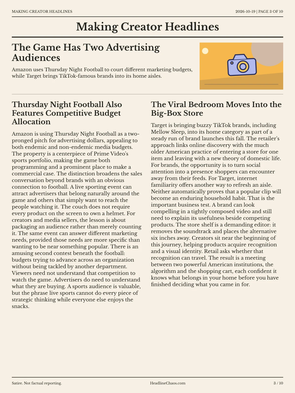 Making Creator Headlines newspaper, page 3: The Game Has Two Advertising Audiences