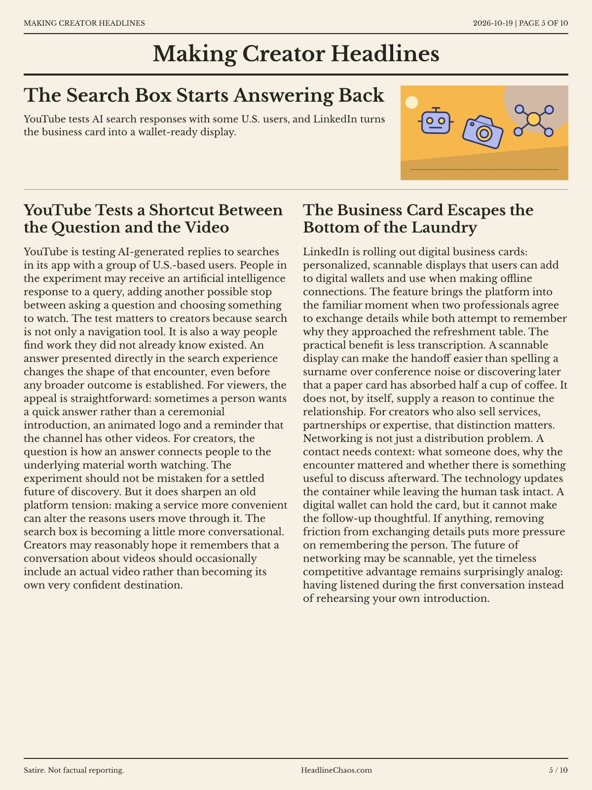 Making Creator Headlines newspaper, page 5: The Search Box Starts Answering Back
