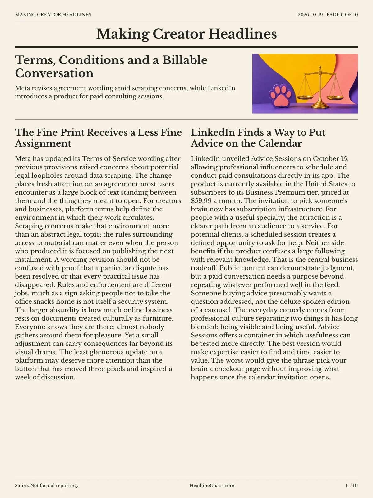 Making Creator Headlines newspaper, page 6: Terms, Conditions and a Billable Conversation
