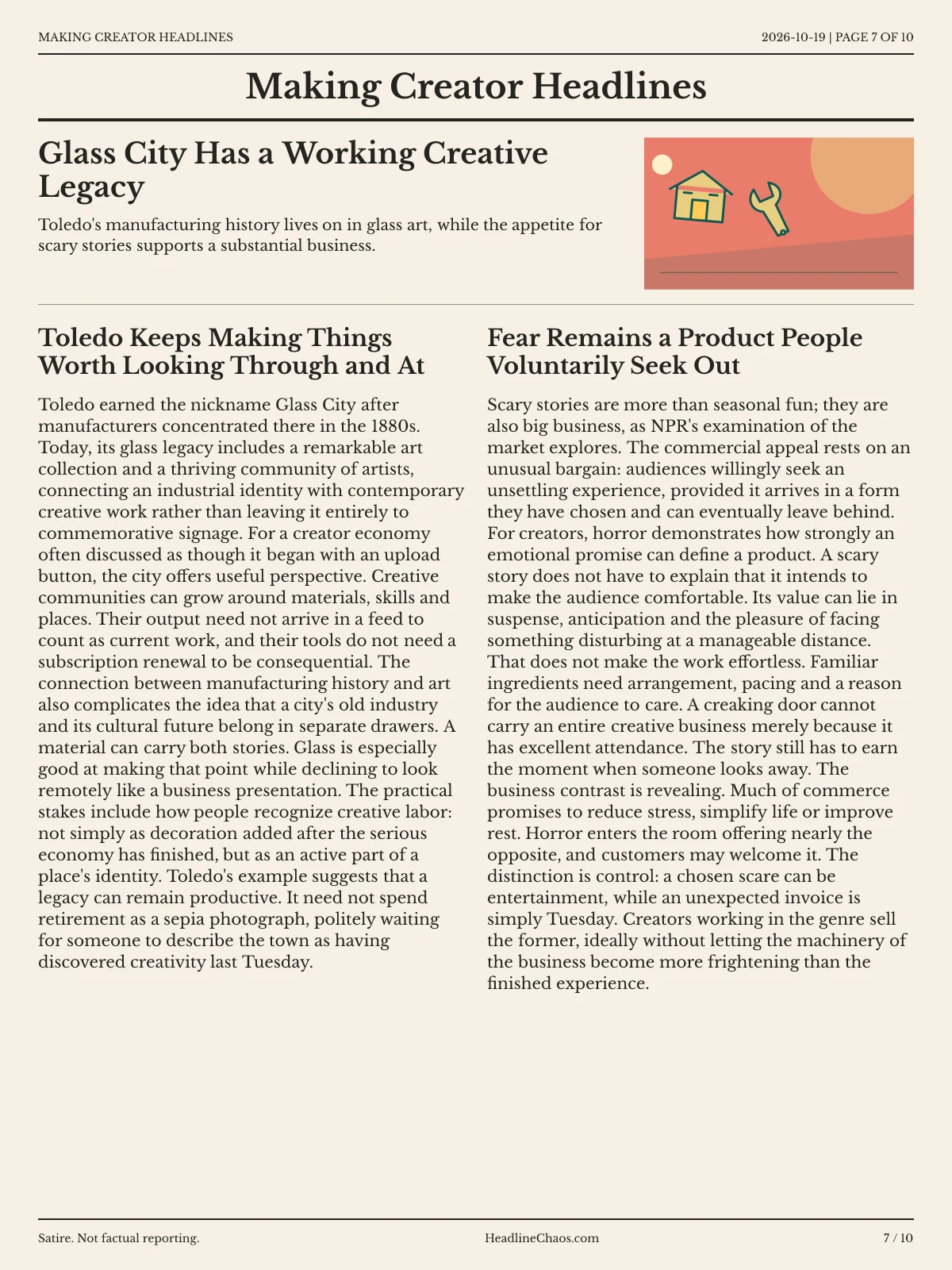 Making Creator Headlines newspaper, page 7: Glass City Has a Working Creative Legacy
