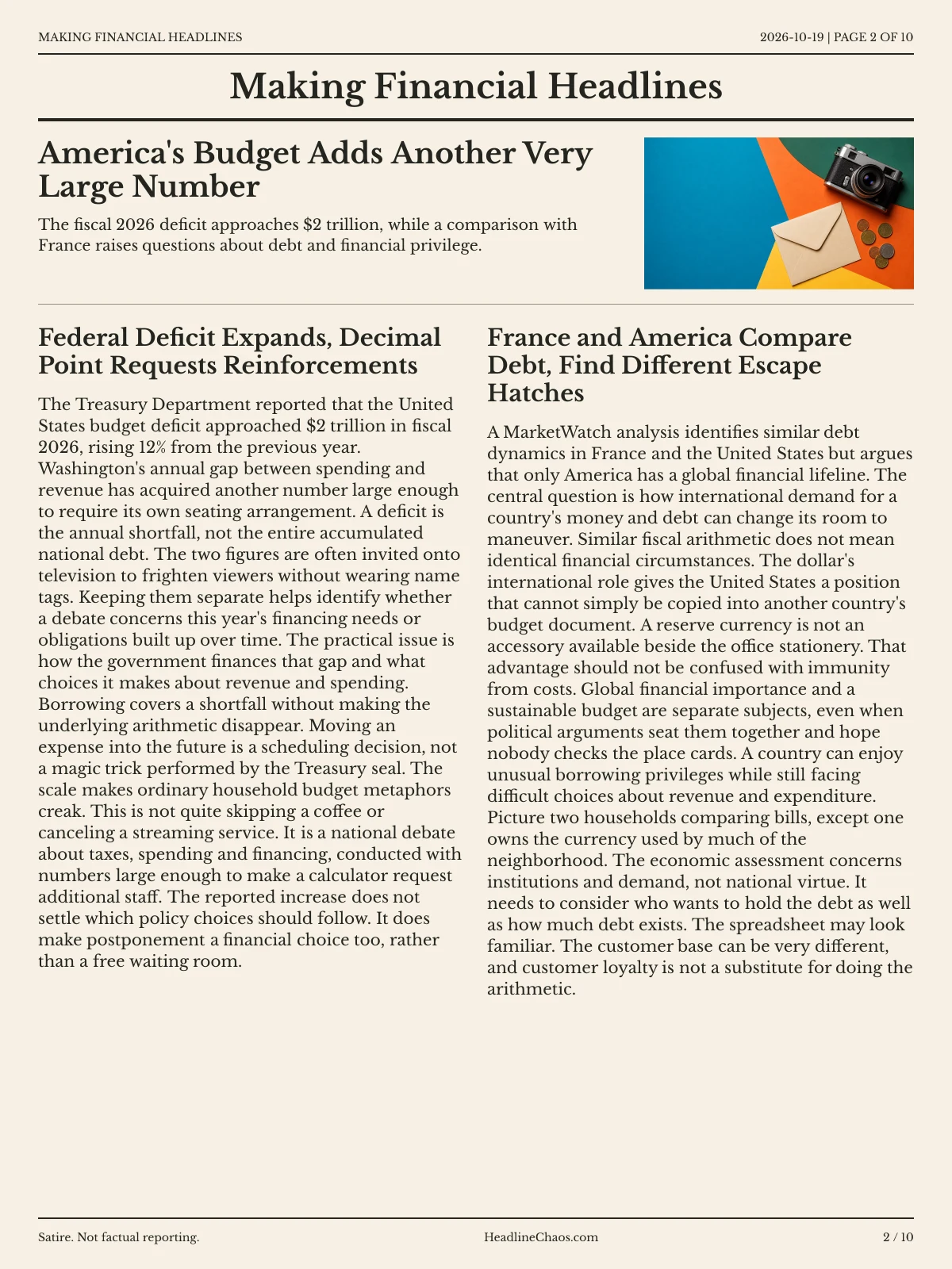 Making Financial Headlines newspaper, page 2: America's Budget Adds Another Very Large Number