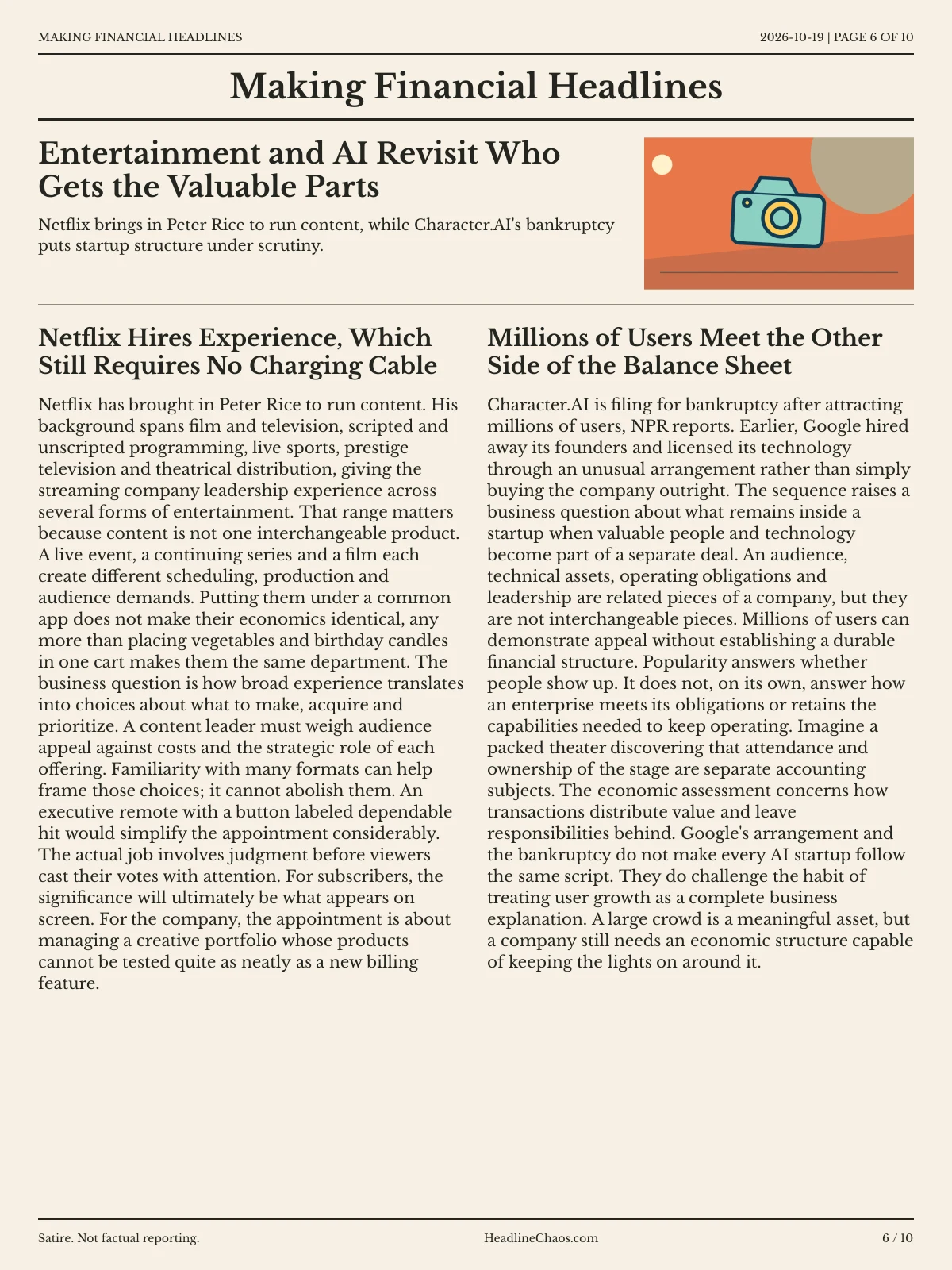 Making Financial Headlines newspaper, page 6: Entertainment and AI Revisit Who Gets the Valuable Parts