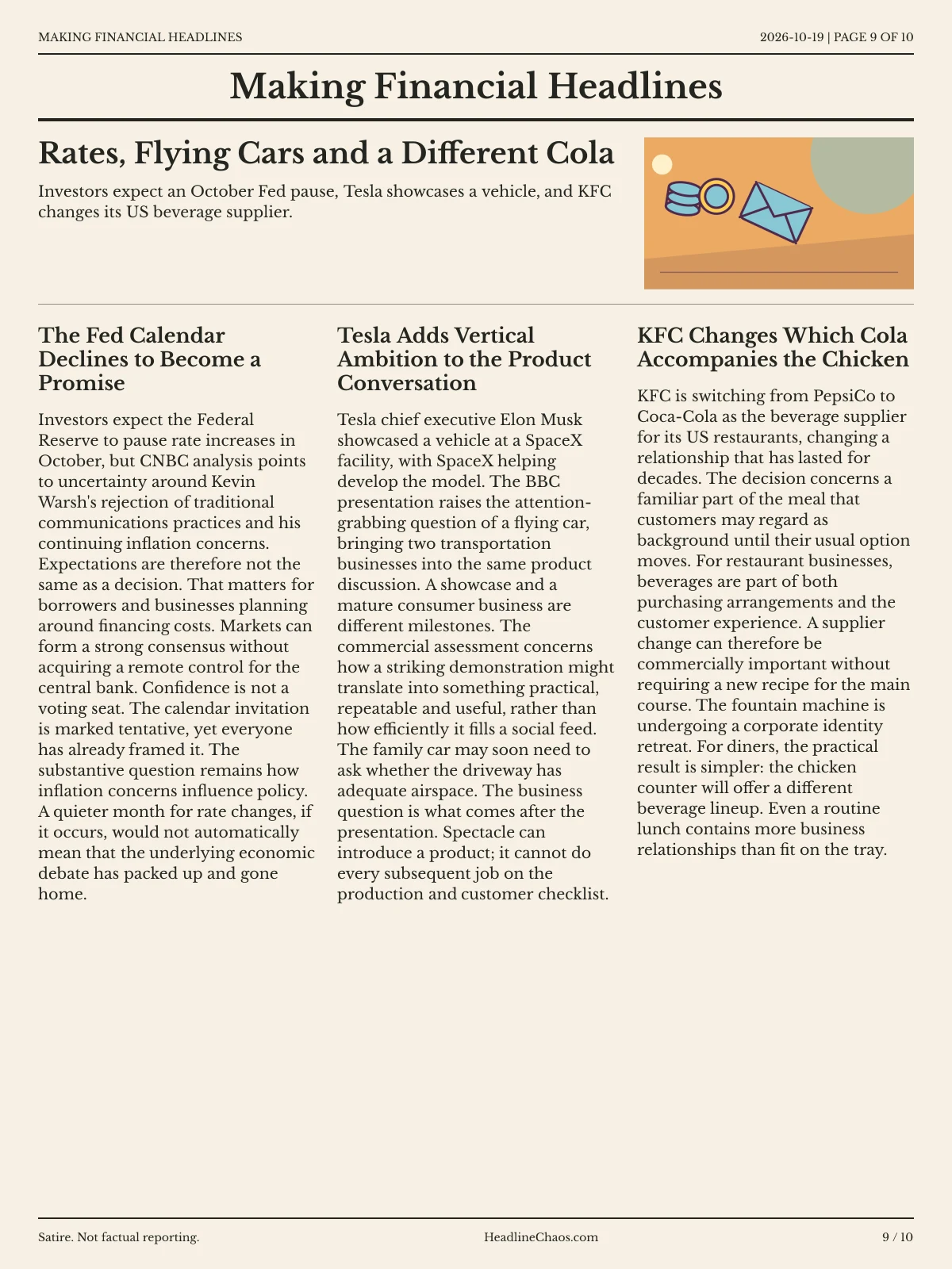 Making Financial Headlines newspaper, page 9: Rates, Flying Cars and a Different Cola