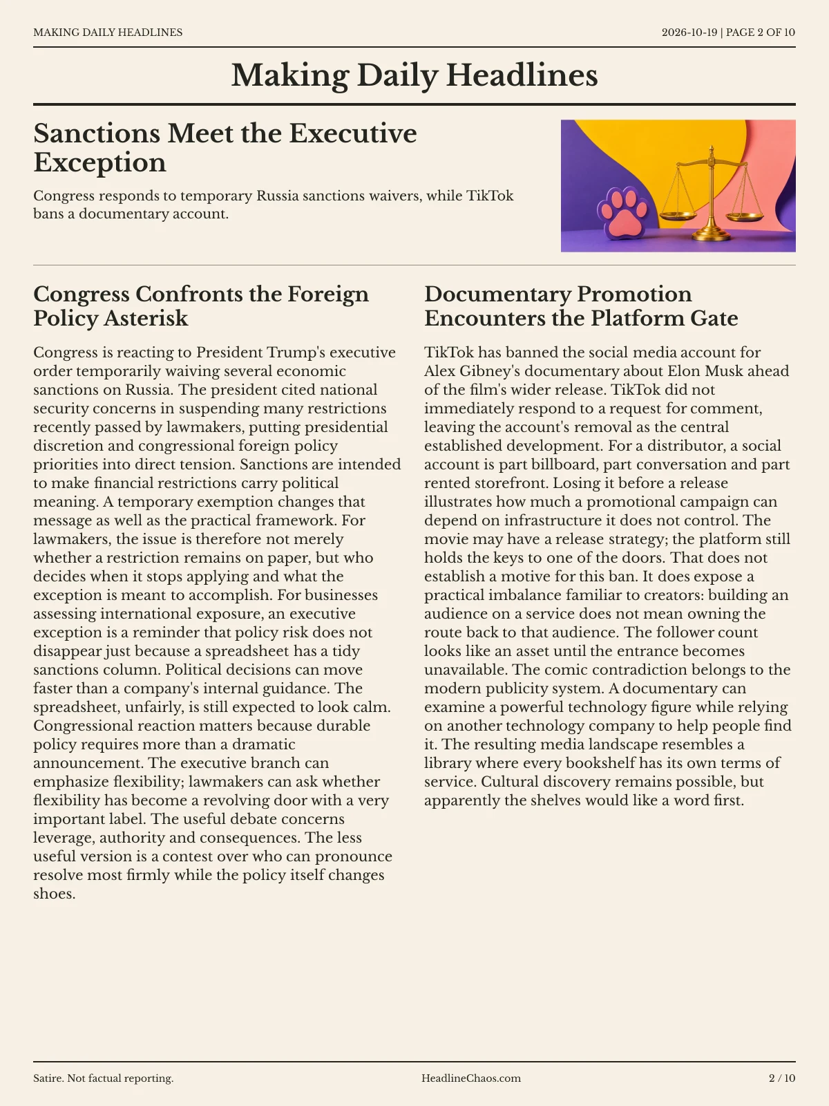 Making Daily Headlines newspaper, page 2: Sanctions Meet the Executive Exception
