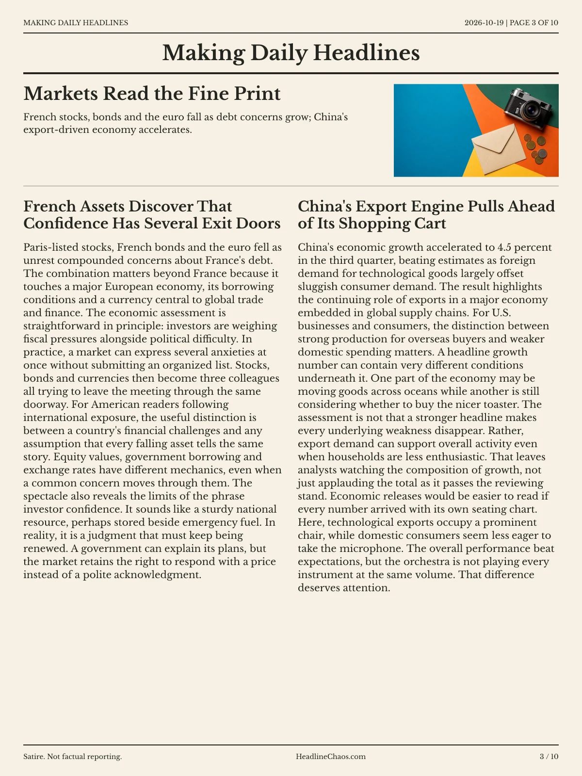 Making Daily Headlines newspaper, page 3: Markets Read the Fine Print