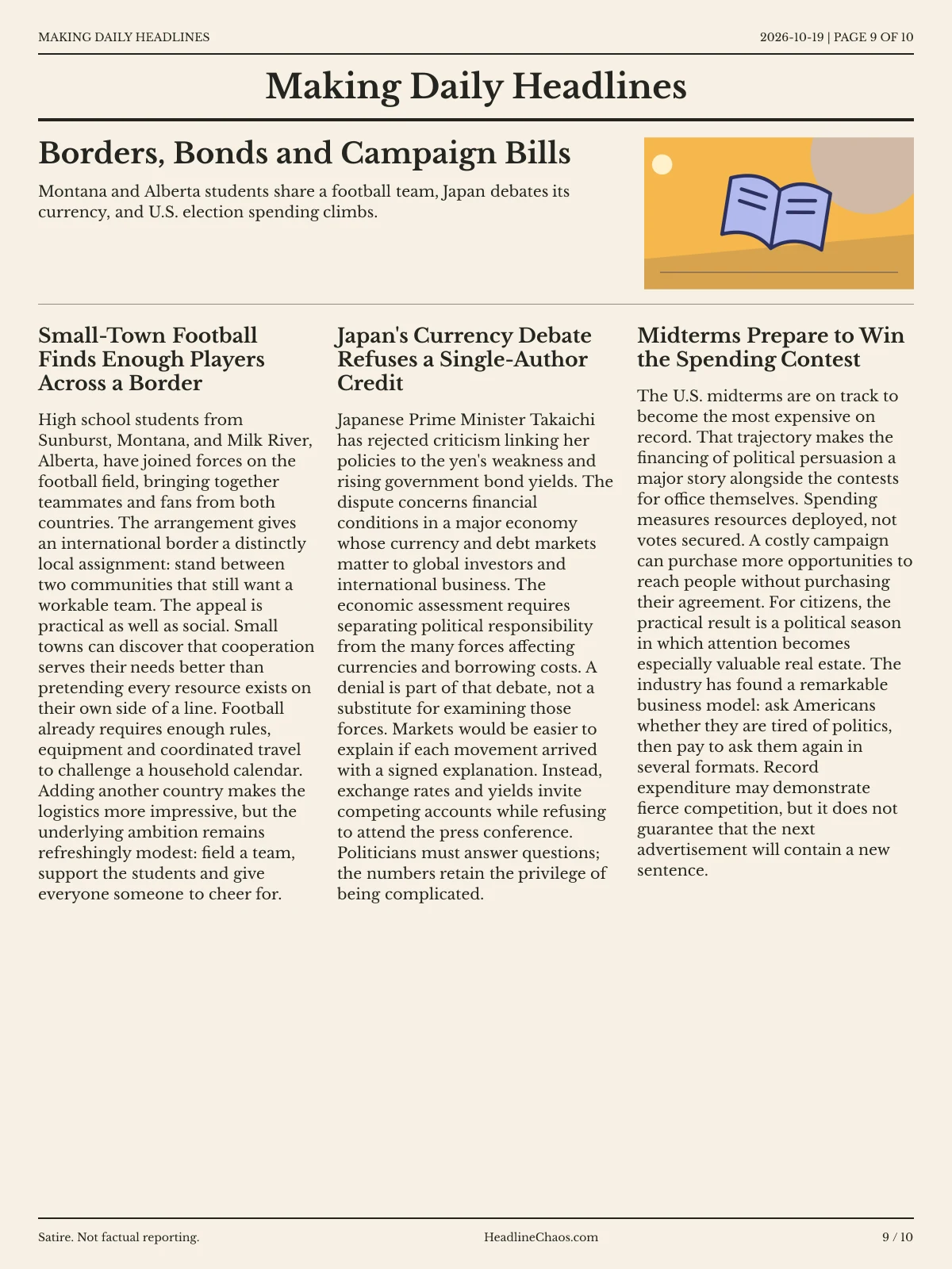 Making Daily Headlines newspaper, page 9: Borders, Bonds and Campaign Bills