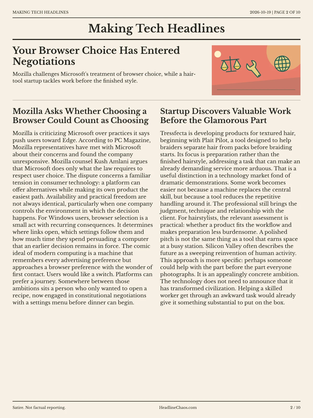 Making Tech Headlines newspaper, page 2: Your Browser Choice Has Entered Negotiations