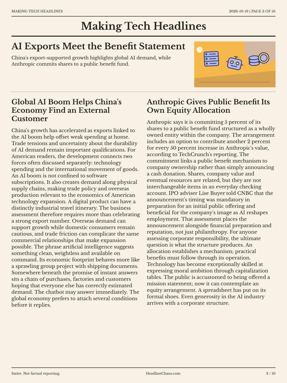 Making Tech Headlines newspaper, page 3: AI Exports Meet the Benefit Statement