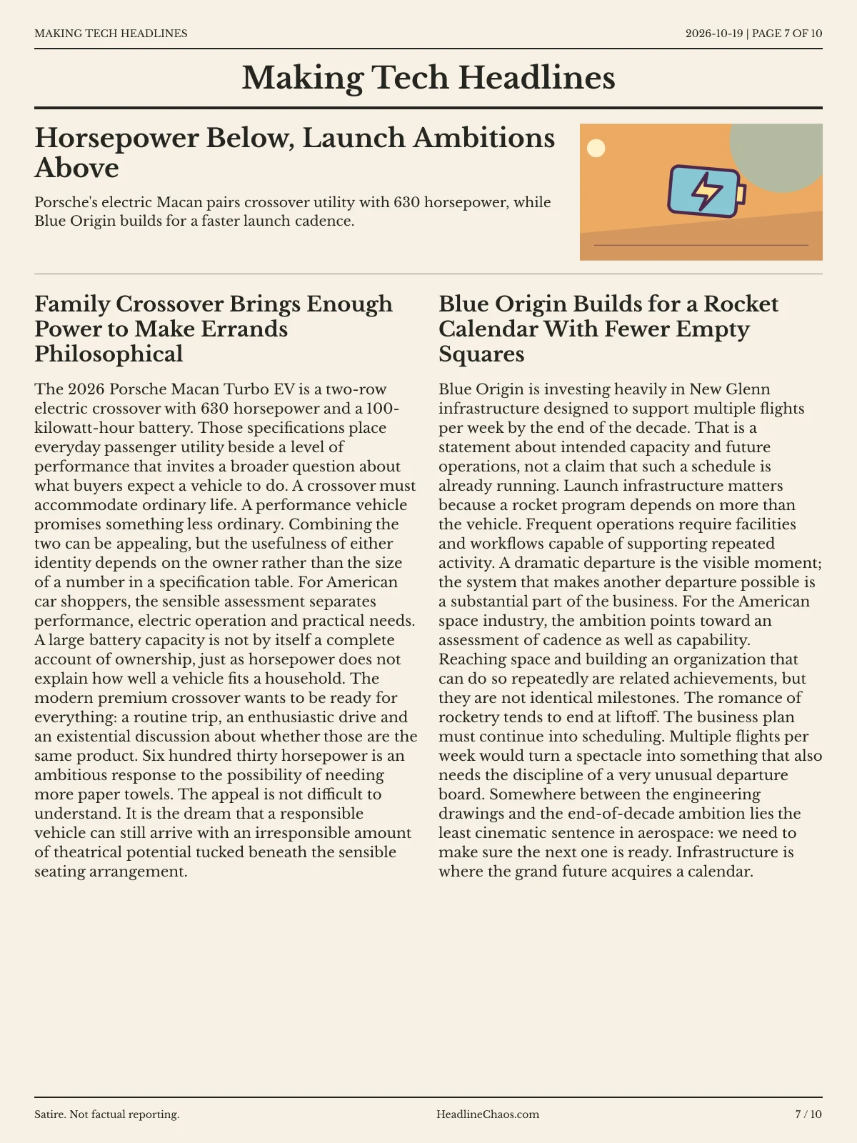Making Tech Headlines newspaper, page 7: Horsepower Below, Launch Ambitions Above