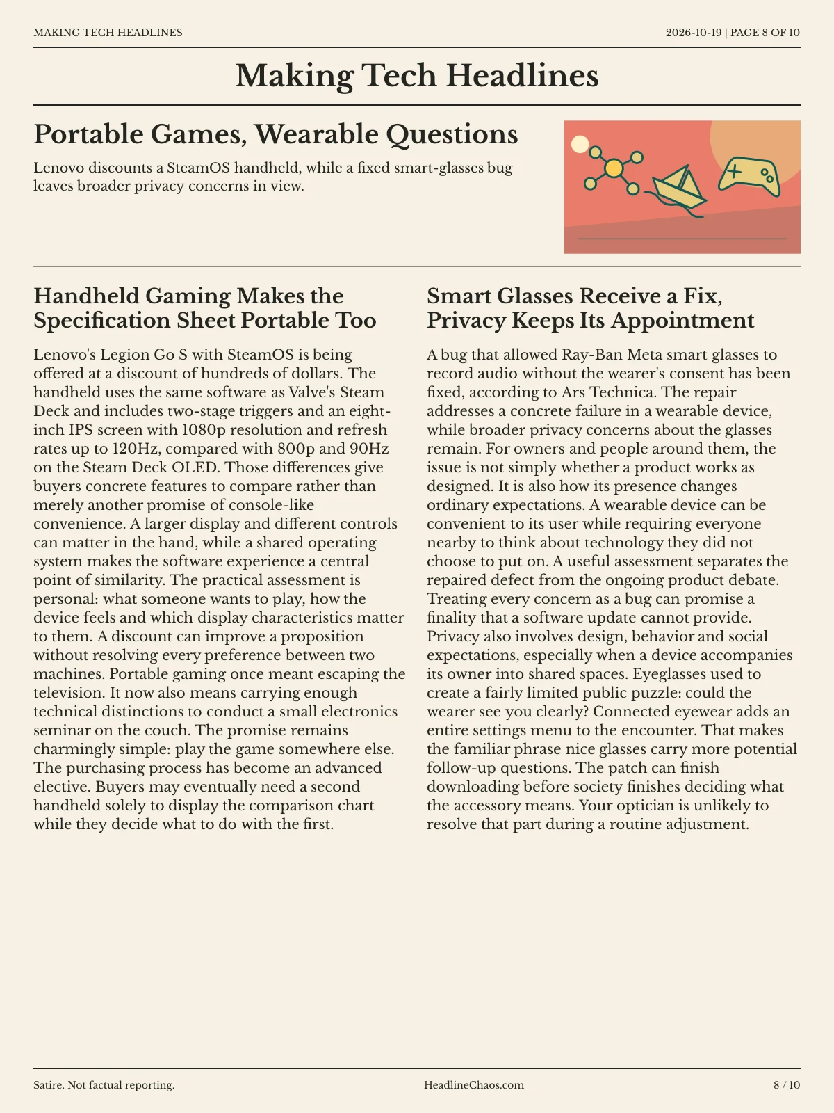 Making Tech Headlines newspaper, page 8: Portable Games, Wearable Questions