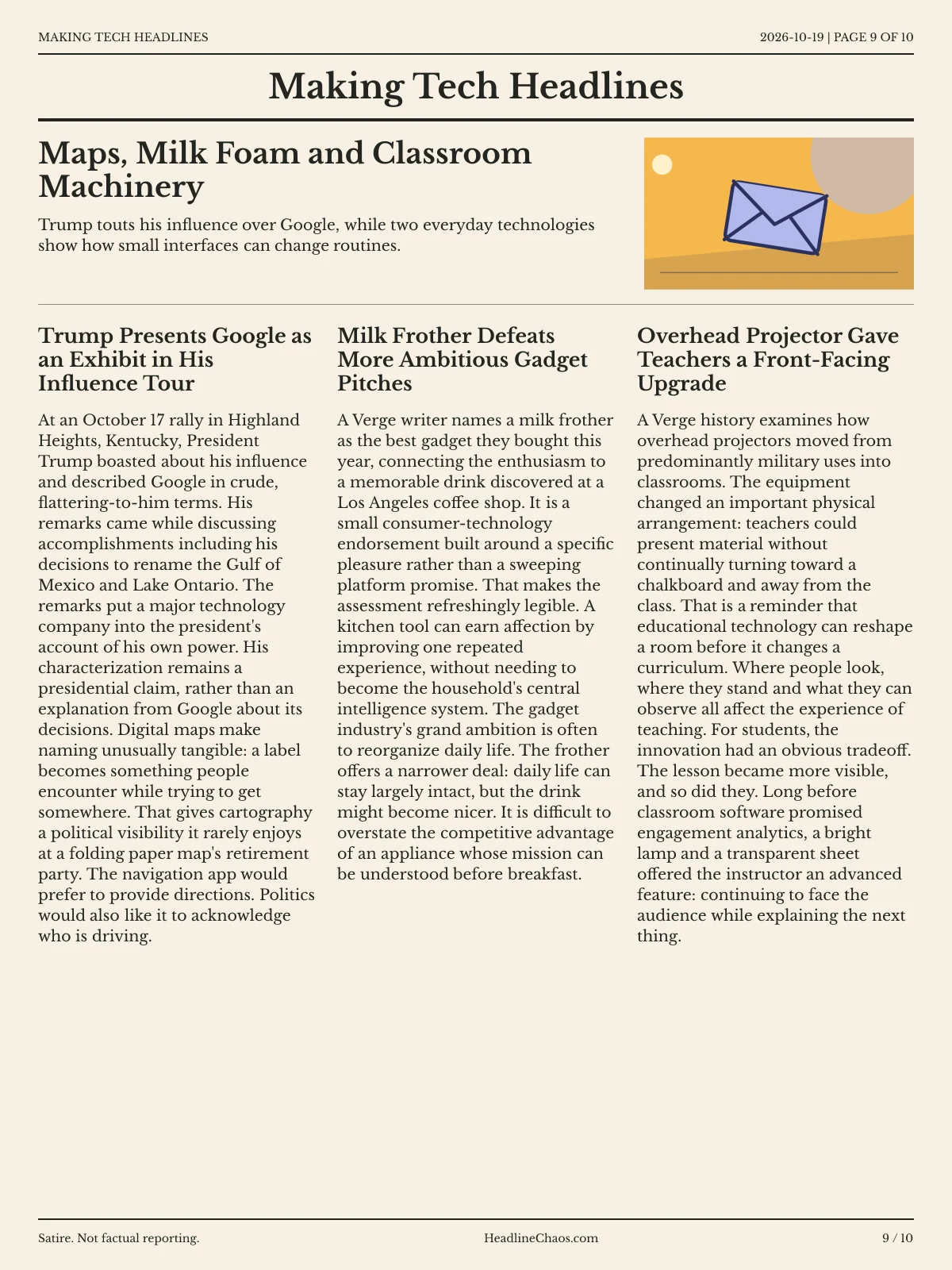 Making Tech Headlines newspaper, page 9: Maps, Milk Foam and Classroom Machinery