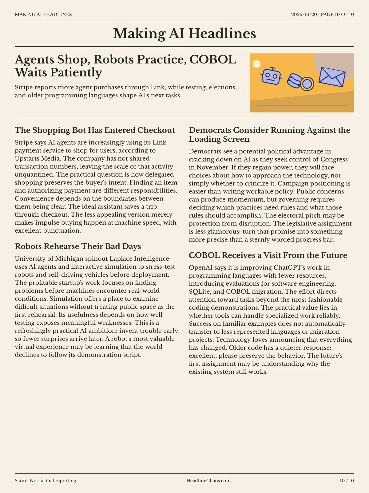 Making AI Headlines newspaper, page 10: Agents Shop, Robots Practice, COBOL Waits Patiently
