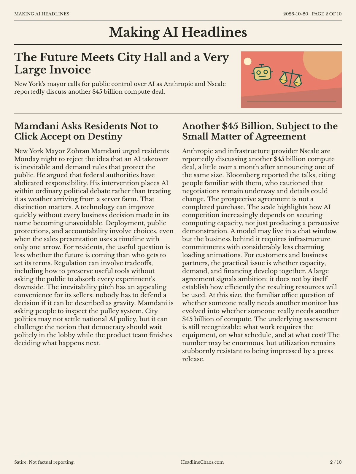 Making AI Headlines newspaper, page 2: The Future Meets City Hall and a Very Large Invoice