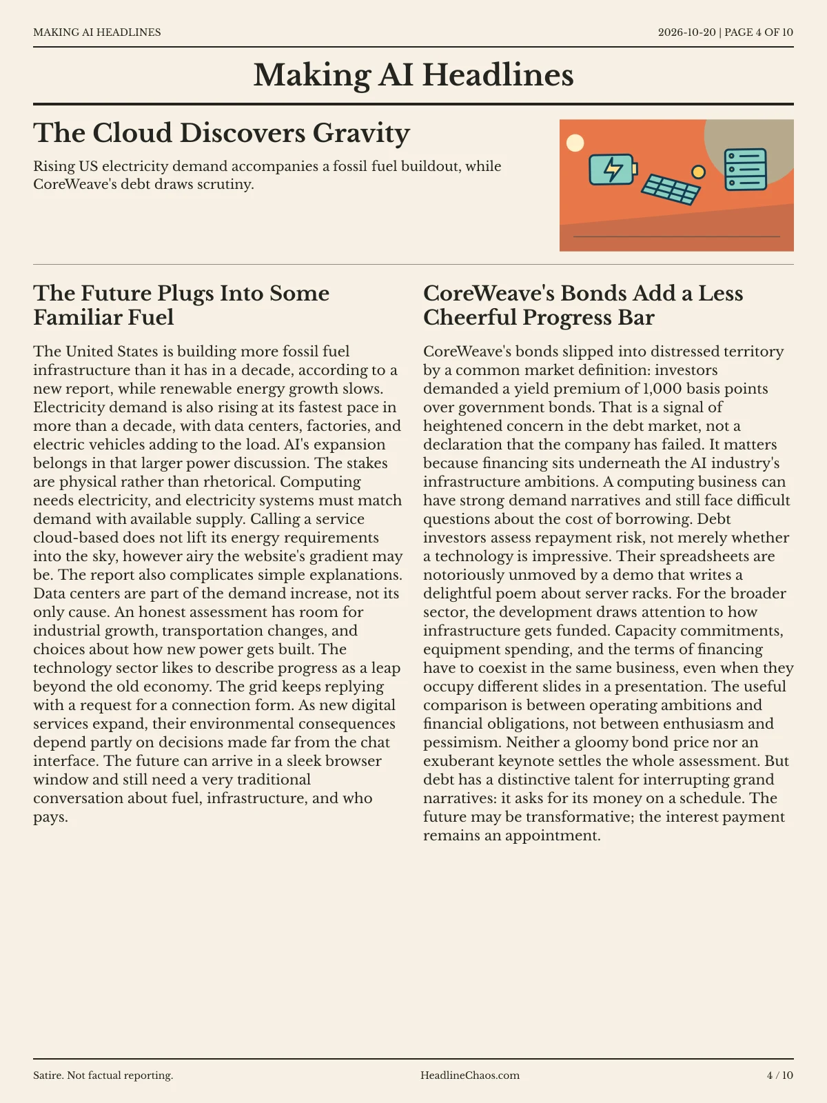 Making AI Headlines newspaper, page 4: The Cloud Discovers Gravity