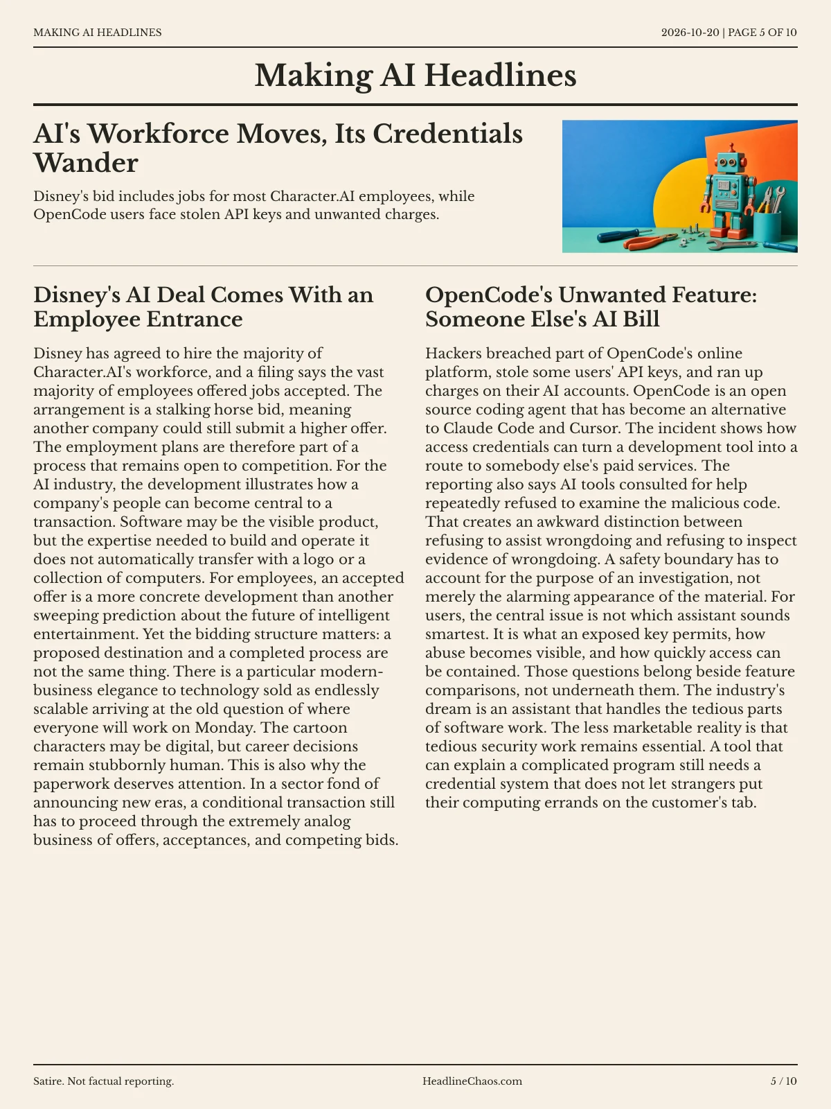 Making AI Headlines newspaper, page 5: AI's Workforce Moves, Its Credentials Wander