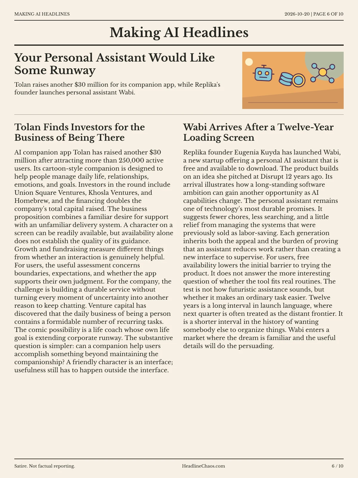 Making AI Headlines newspaper, page 6: Your Personal Assistant Would Like Some Runway