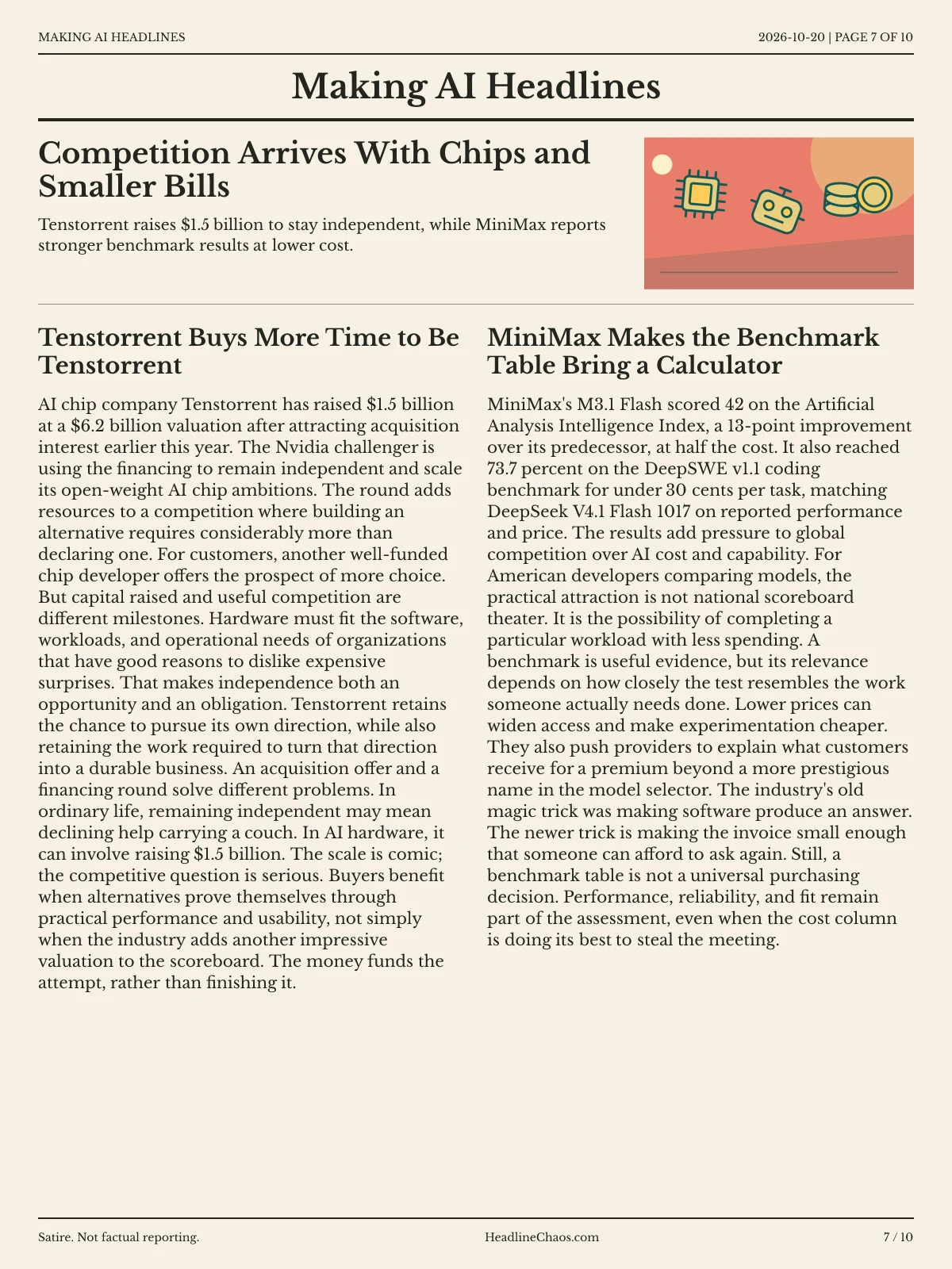 Making AI Headlines newspaper, page 7: Competition Arrives With Chips and Smaller Bills