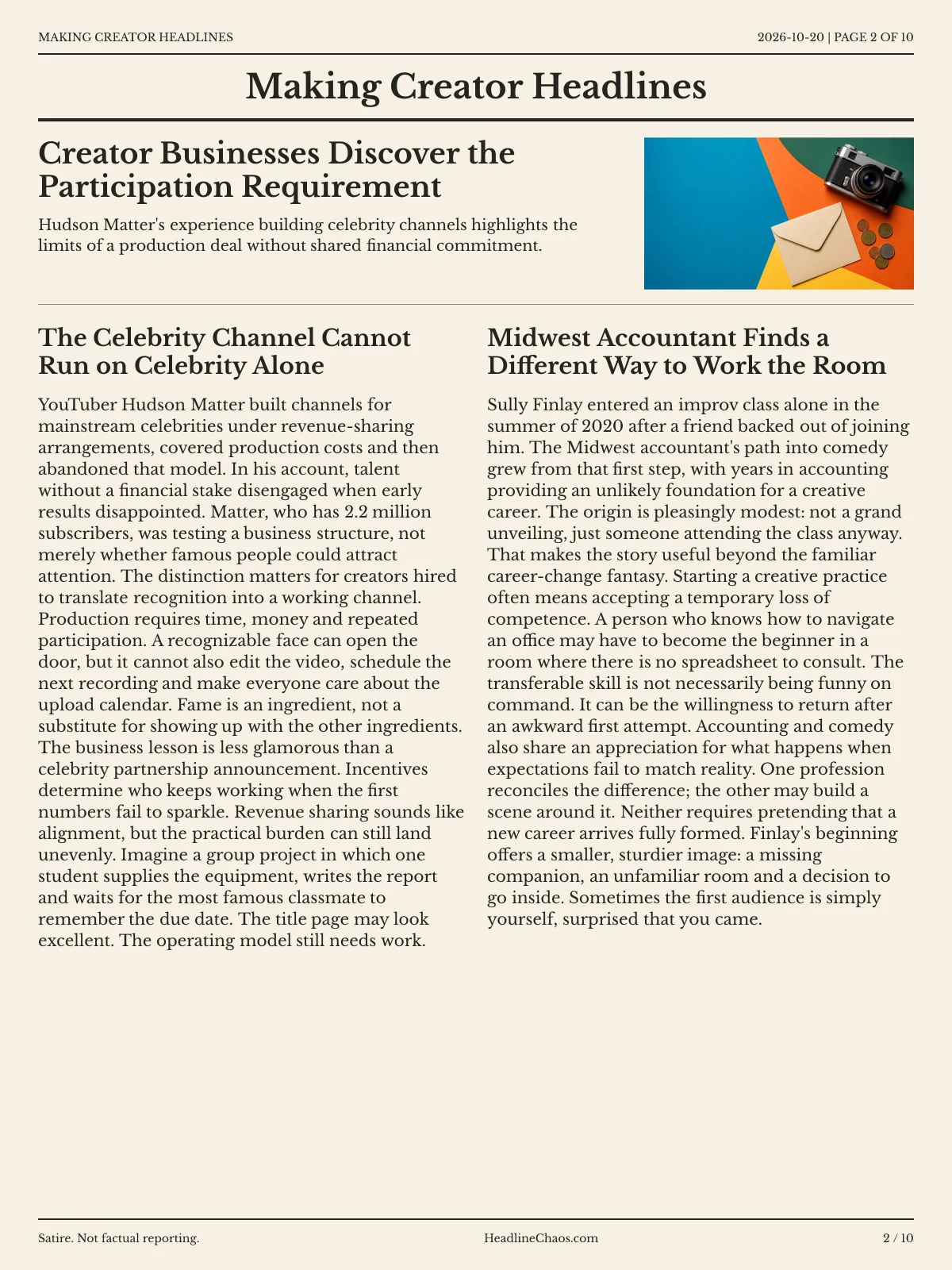 Making Creator Headlines newspaper, page 2: Creator Businesses Discover the Participation Requirement