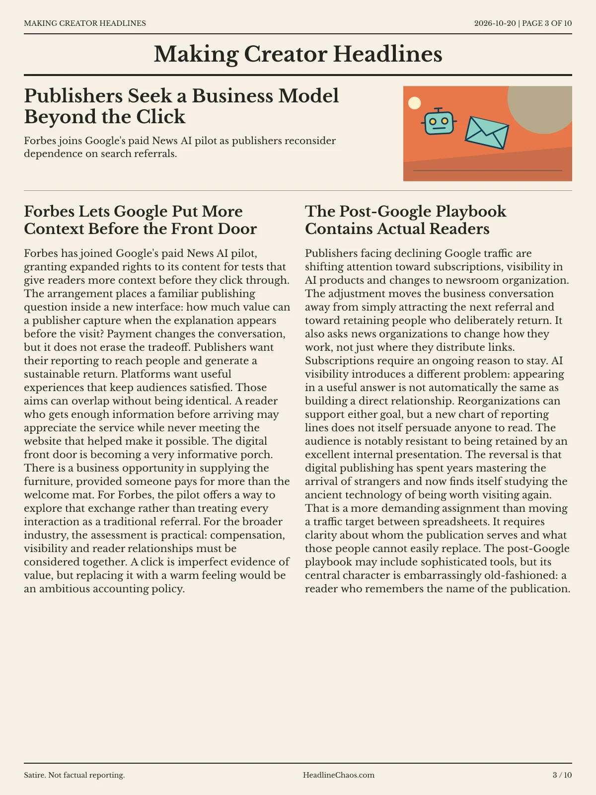 Making Creator Headlines newspaper, page 3: Publishers Seek a Business Model Beyond the Click