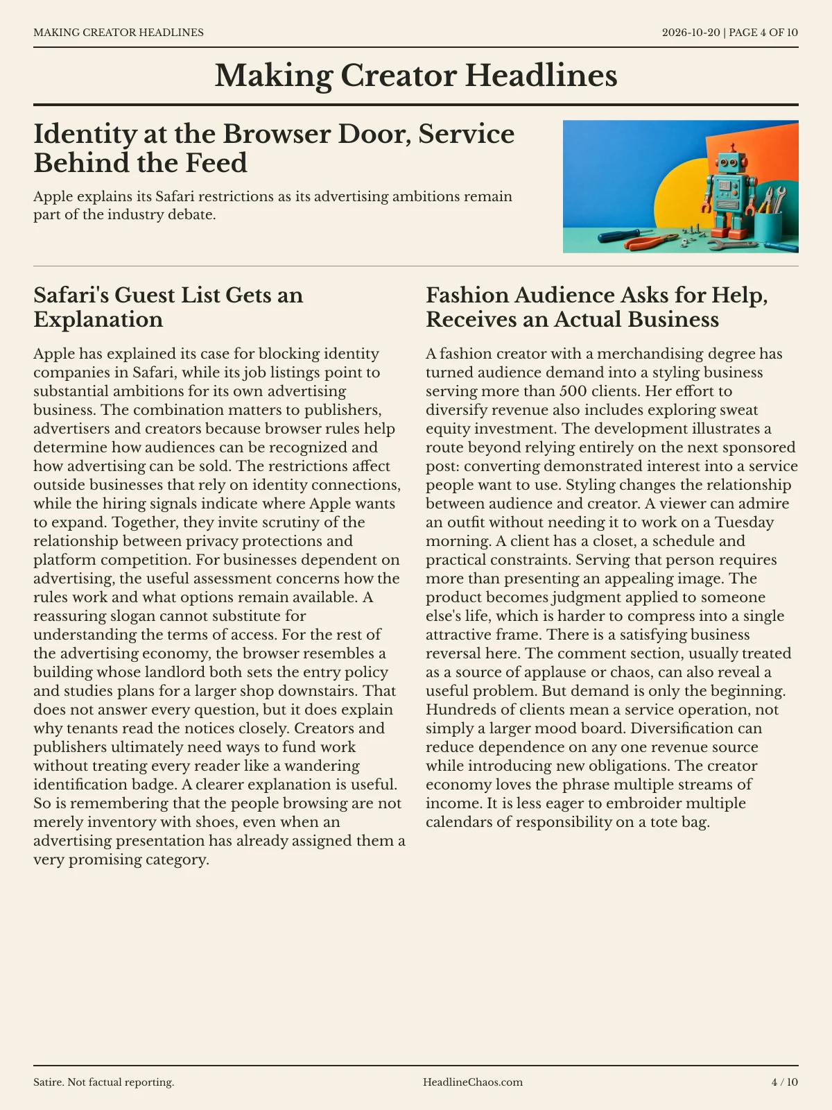 Making Creator Headlines newspaper, page 4: Identity at the Browser Door, Service Behind the Feed