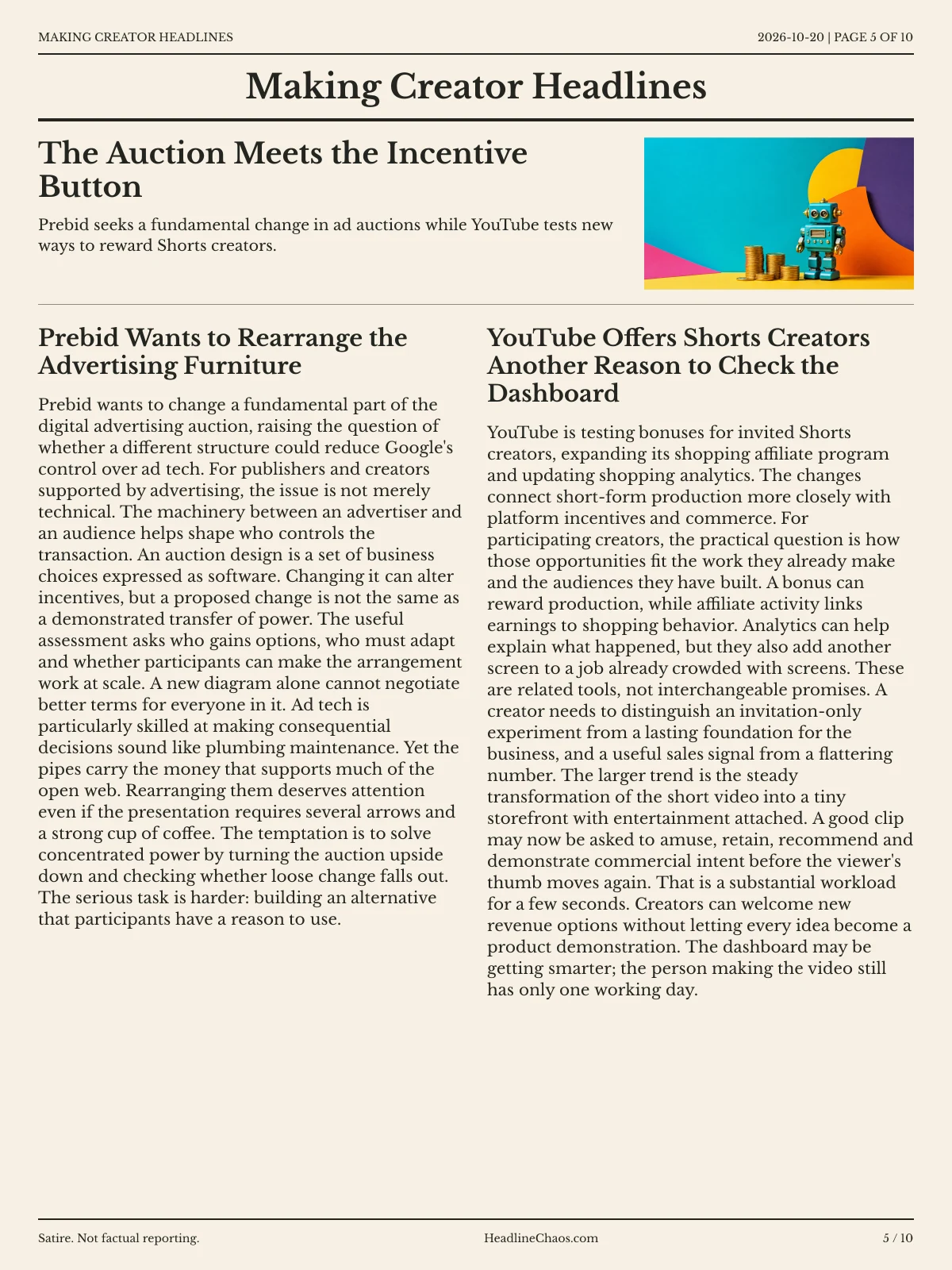 Making Creator Headlines newspaper, page 5: The Auction Meets the Incentive Button