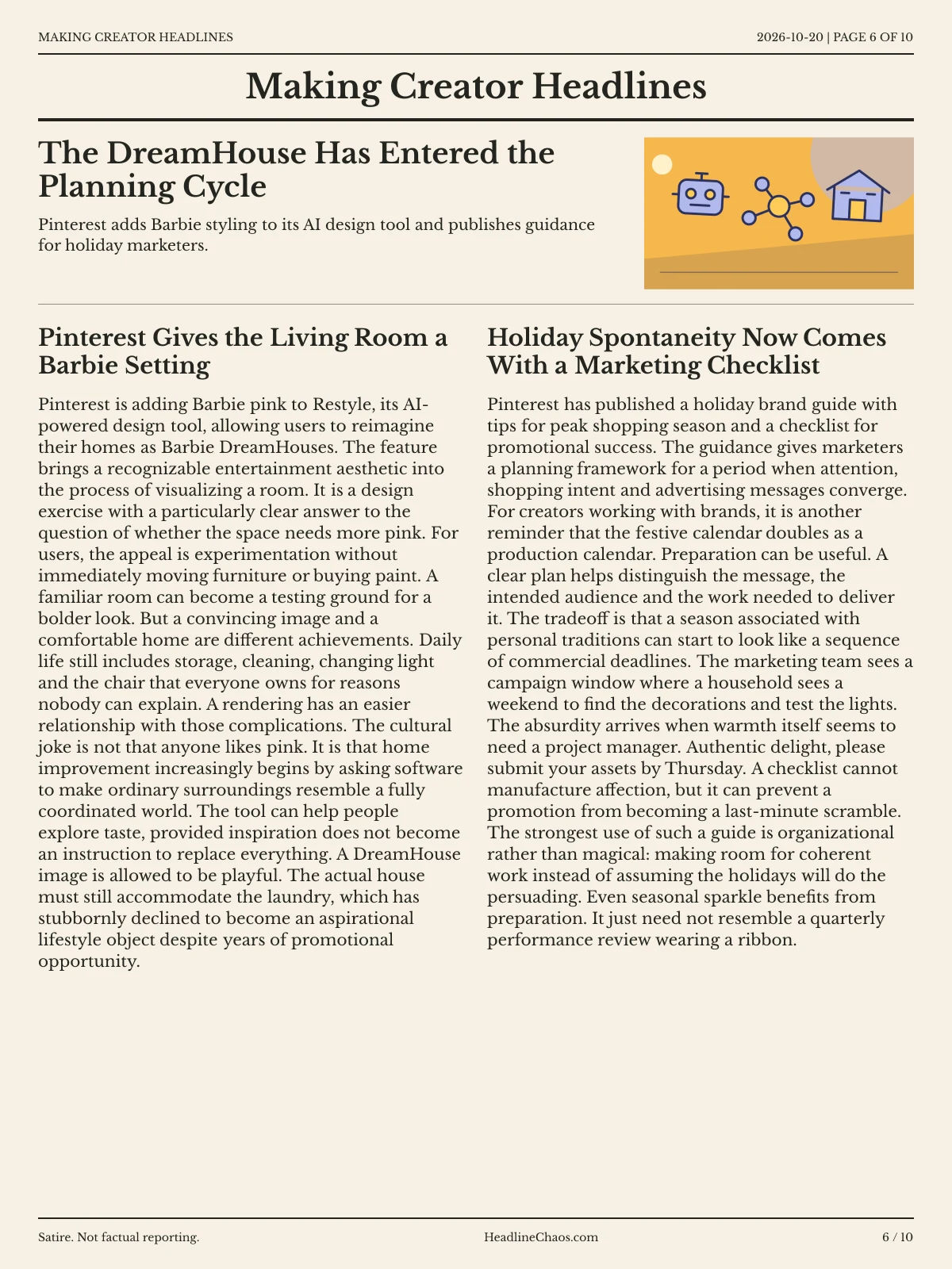 Making Creator Headlines newspaper, page 6: The DreamHouse Has Entered the Planning Cycle
