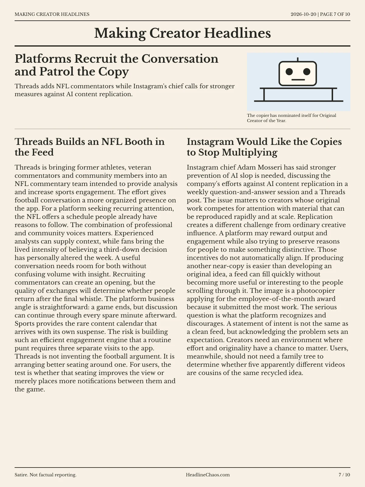 Making Creator Headlines newspaper, page 7: Platforms Recruit the Conversation and Patrol the Copy