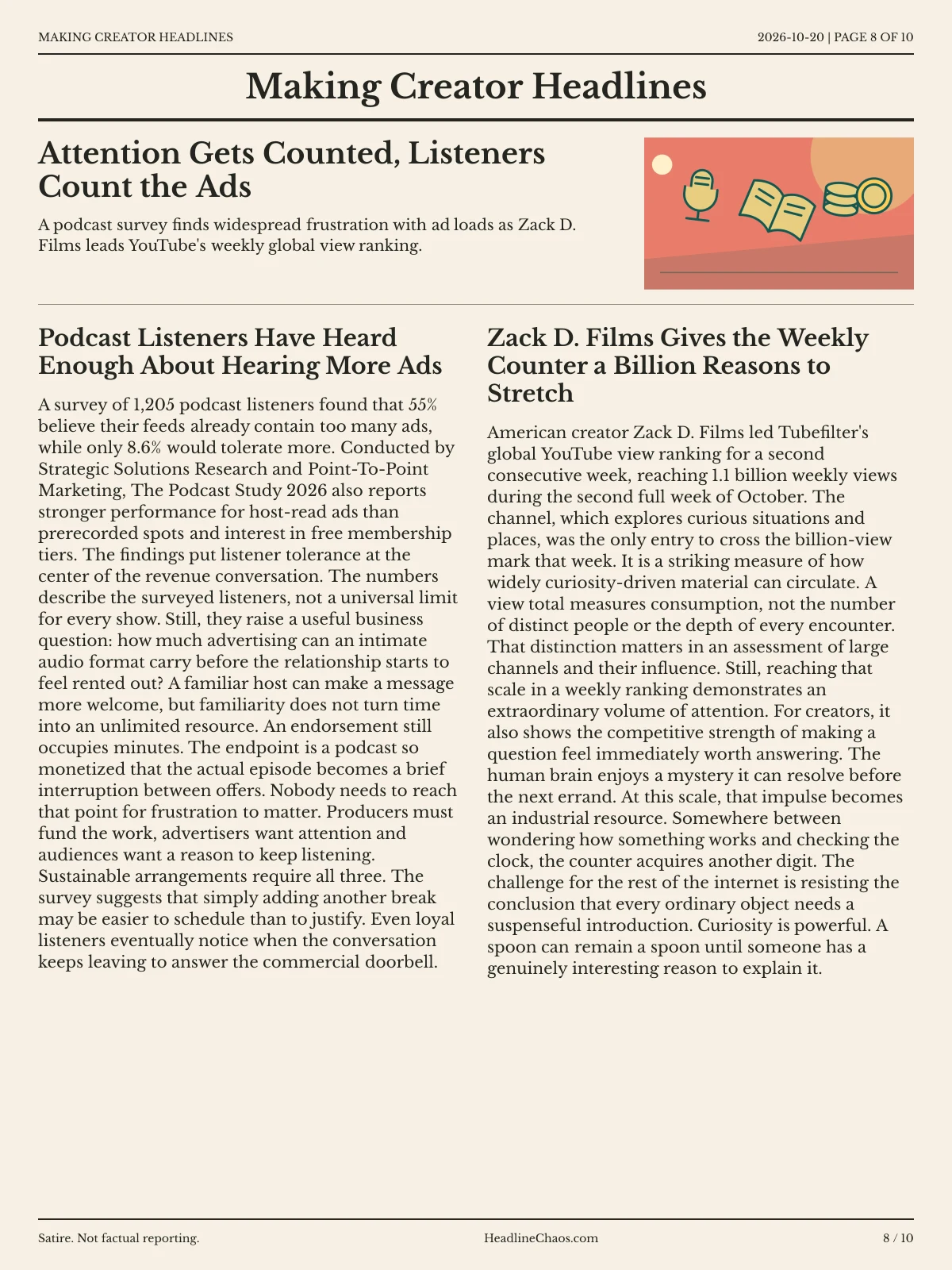 Making Creator Headlines newspaper, page 8: Attention Gets Counted, Listeners Count the Ads