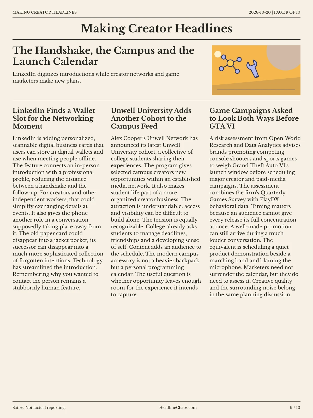 Making Creator Headlines newspaper, page 9: The Handshake, the Campus and the Launch Calendar