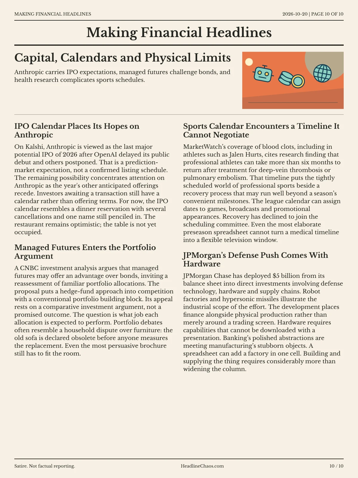 Making Financial Headlines newspaper, page 10: Capital, Calendars and Physical Limits