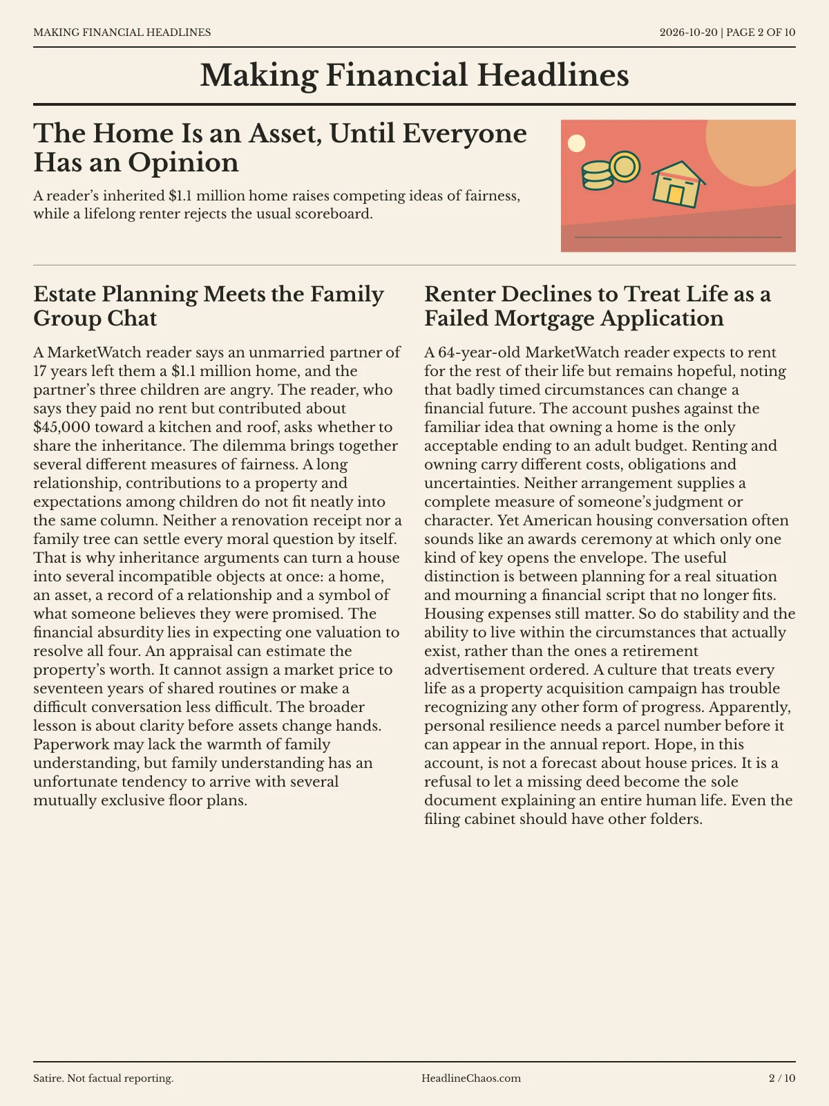 Making Financial Headlines newspaper, page 2: The Home Is an Asset, Until Everyone Has an Opinion