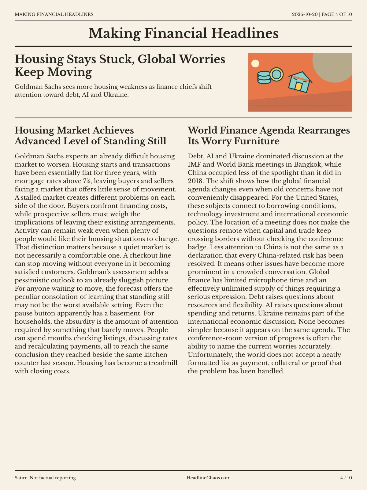 Making Financial Headlines newspaper, page 4: Housing Stays Stuck, Global Worries Keep Moving