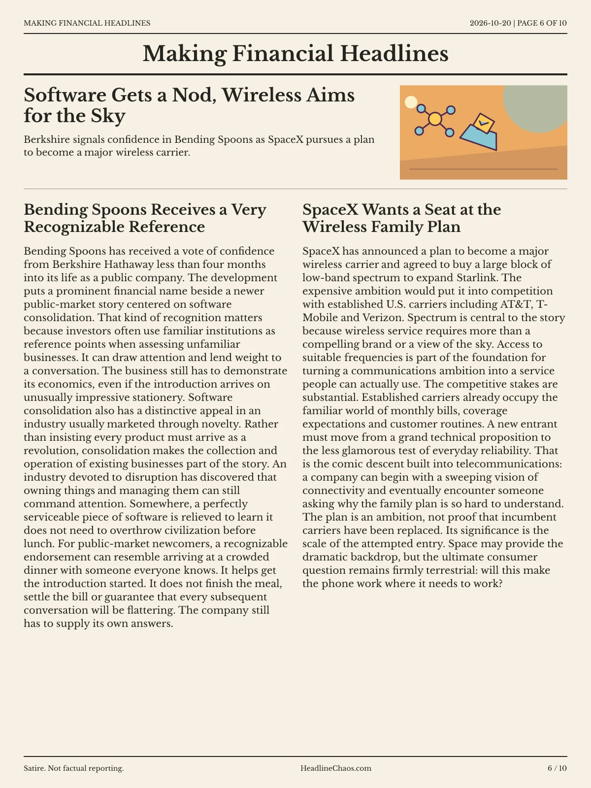 Making Financial Headlines newspaper, page 6: Software Gets a Nod, Wireless Aims for the Sky