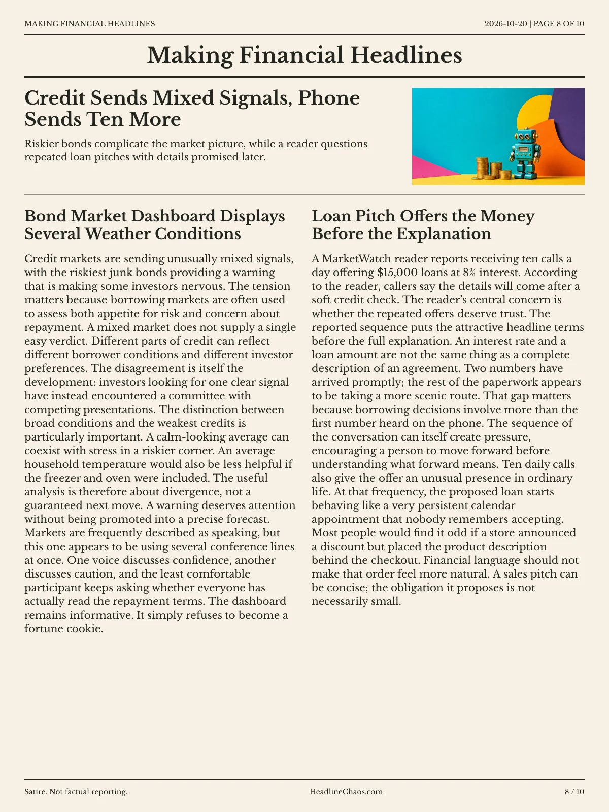 Making Financial Headlines newspaper, page 8: Credit Sends Mixed Signals, Phone Sends Ten More