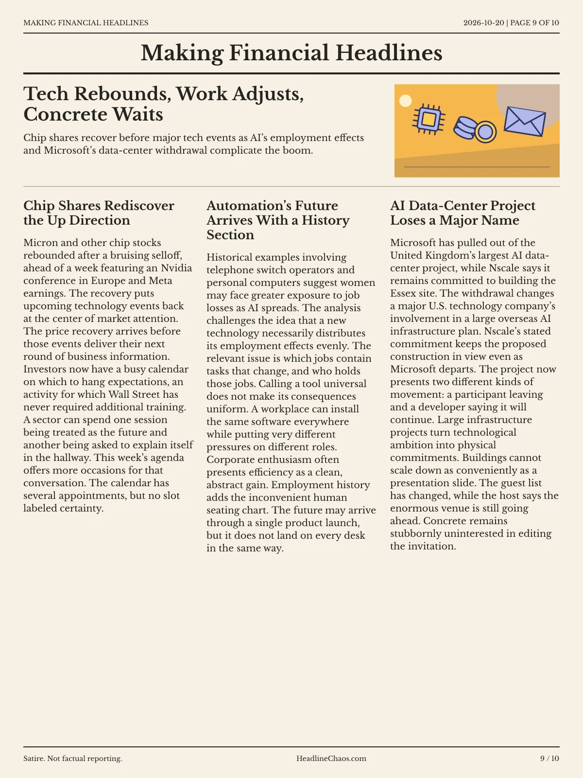 Making Financial Headlines newspaper, page 9: Tech Rebounds, Work Adjusts, Concrete Waits