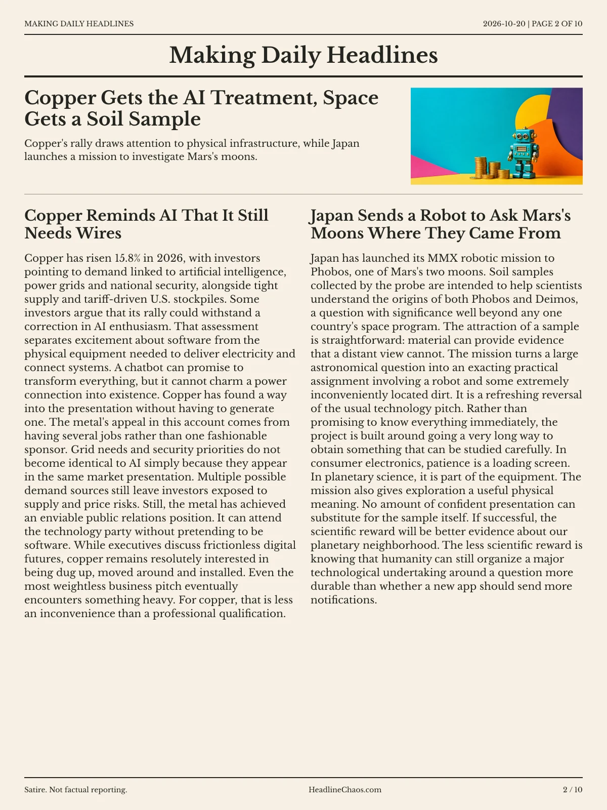 Making Daily Headlines newspaper, page 2: Copper Gets the AI Treatment, Space Gets a Soil Sample