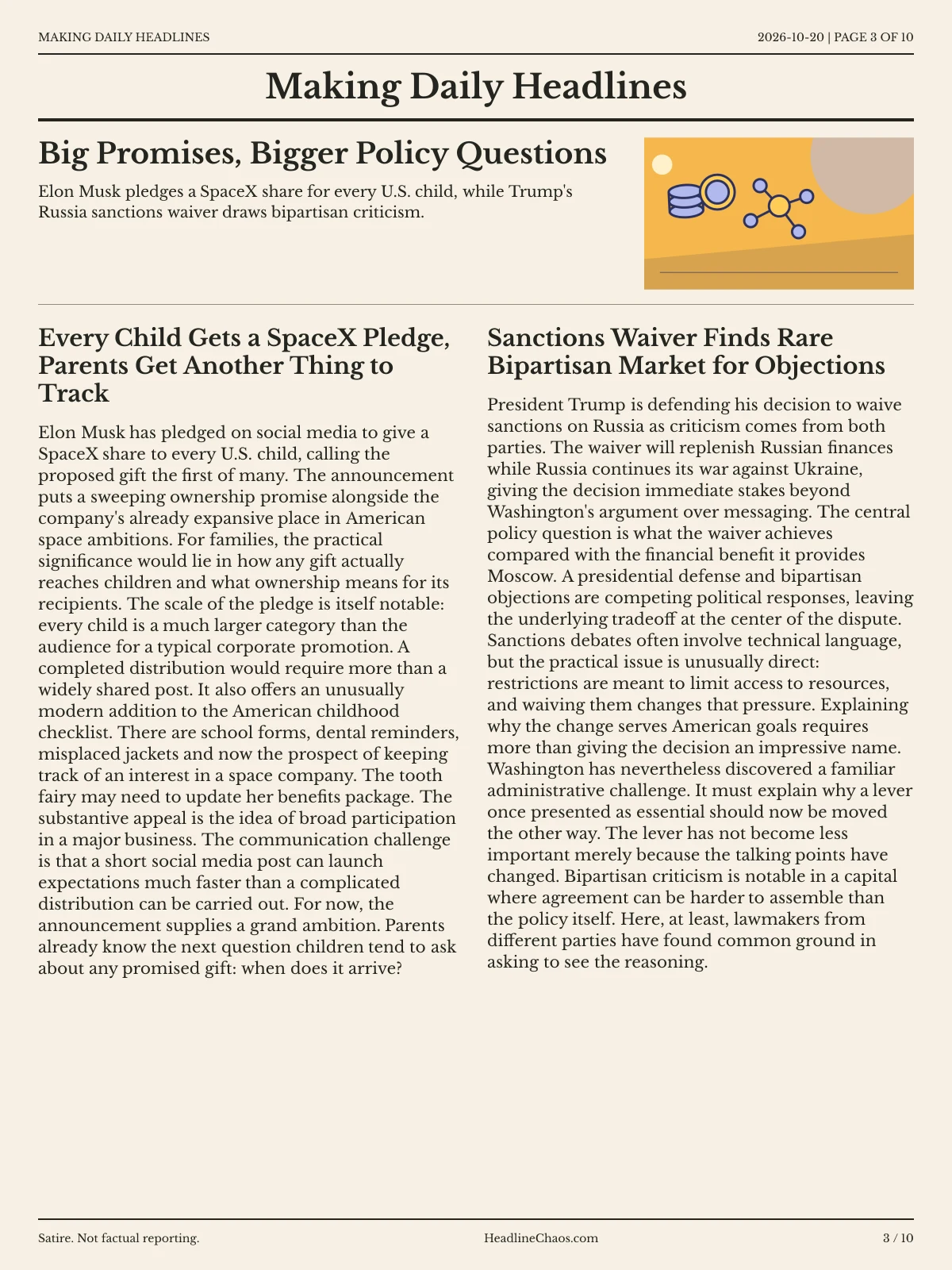 Making Daily Headlines newspaper, page 3: Big Promises, Bigger Policy Questions