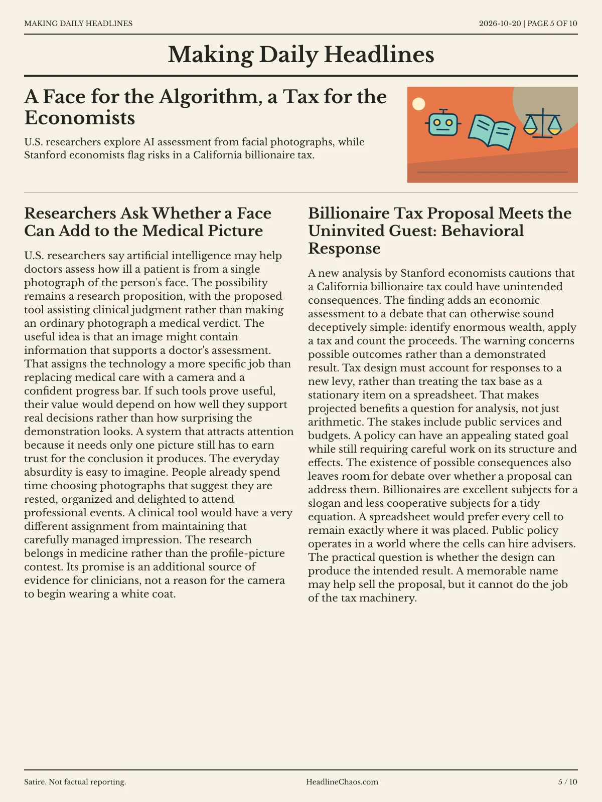 Making Daily Headlines newspaper, page 5: A Face for the Algorithm, a Tax for the Economists