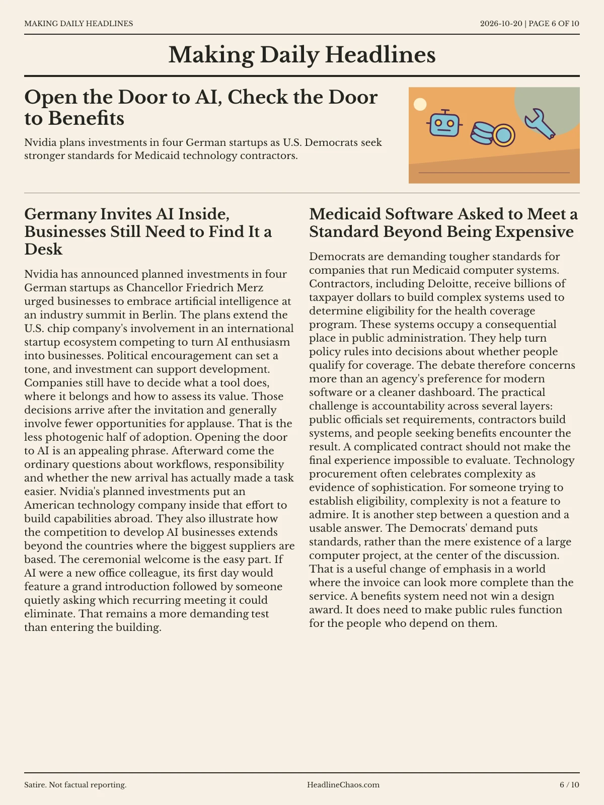 Making Daily Headlines newspaper, page 6: Open the Door to AI, Check the Door to Benefits