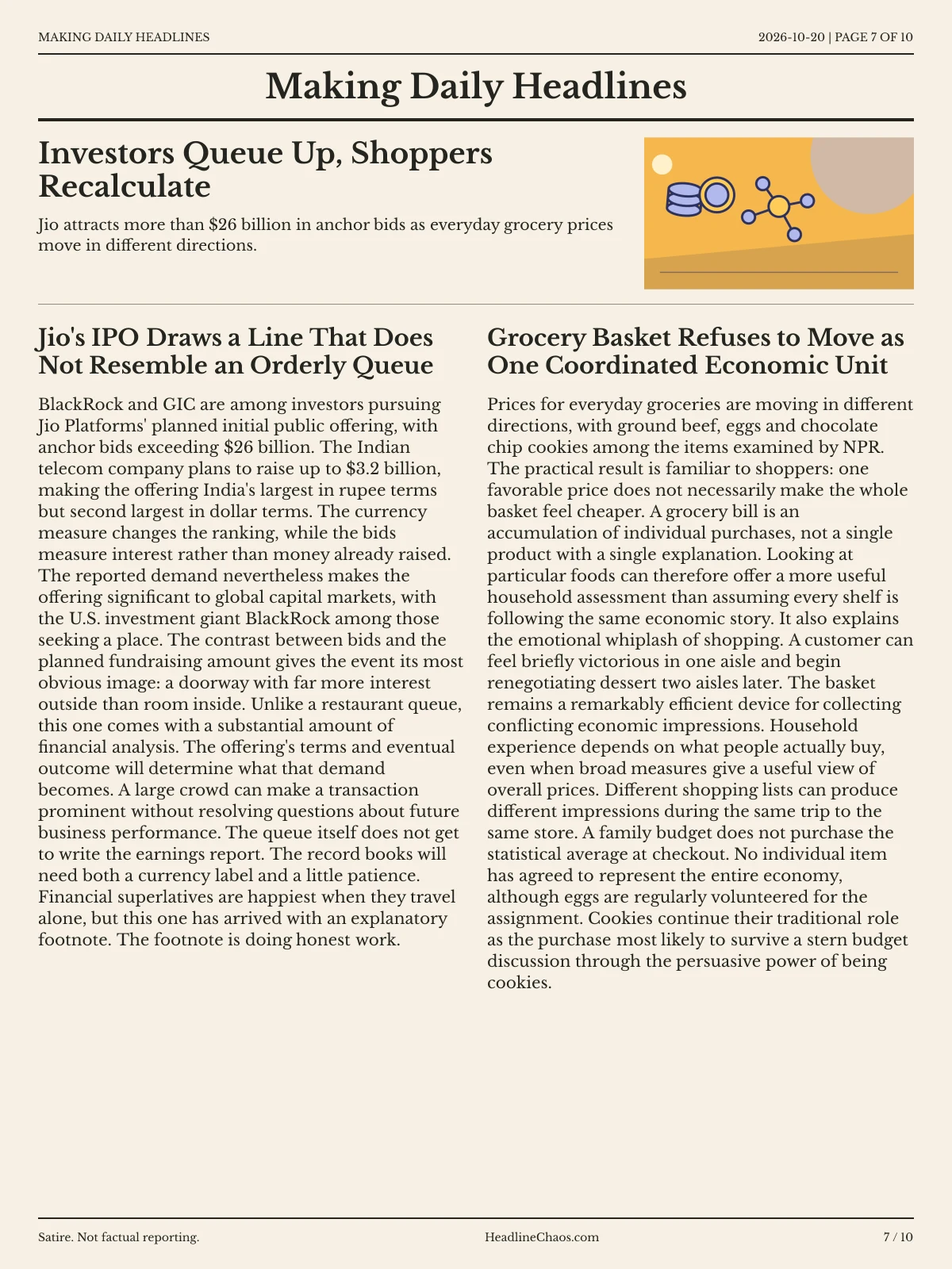 Making Daily Headlines newspaper, page 7: Investors Queue Up, Shoppers Recalculate
