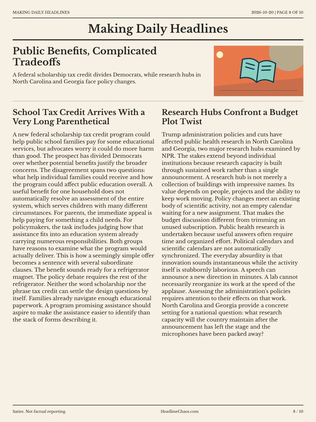Making Daily Headlines newspaper, page 8: Public Benefits, Complicated Tradeoffs